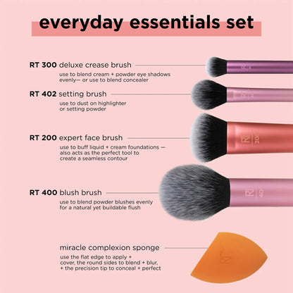 Real Technique Everyday Essentials Makeup Brush Set with Bonus Miracle Complexion Sponge